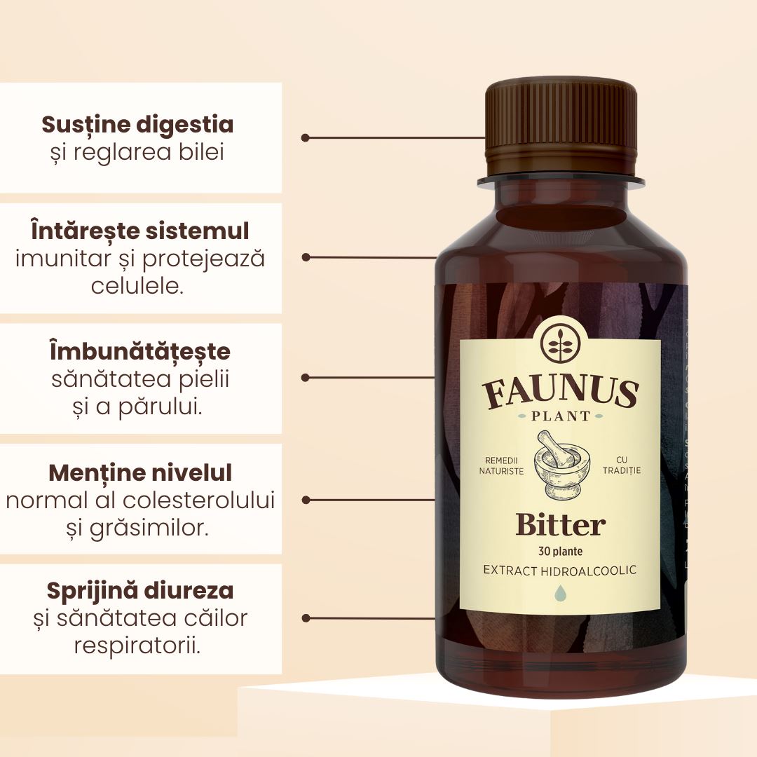 Bitter 30 plante - Flacon 200ml. Extract hidroalcoolic concentrat din plante medicinale cu efect tonic digestiv, tonifiant general si vitaminizant Tinctura Compusa Faunus Plant