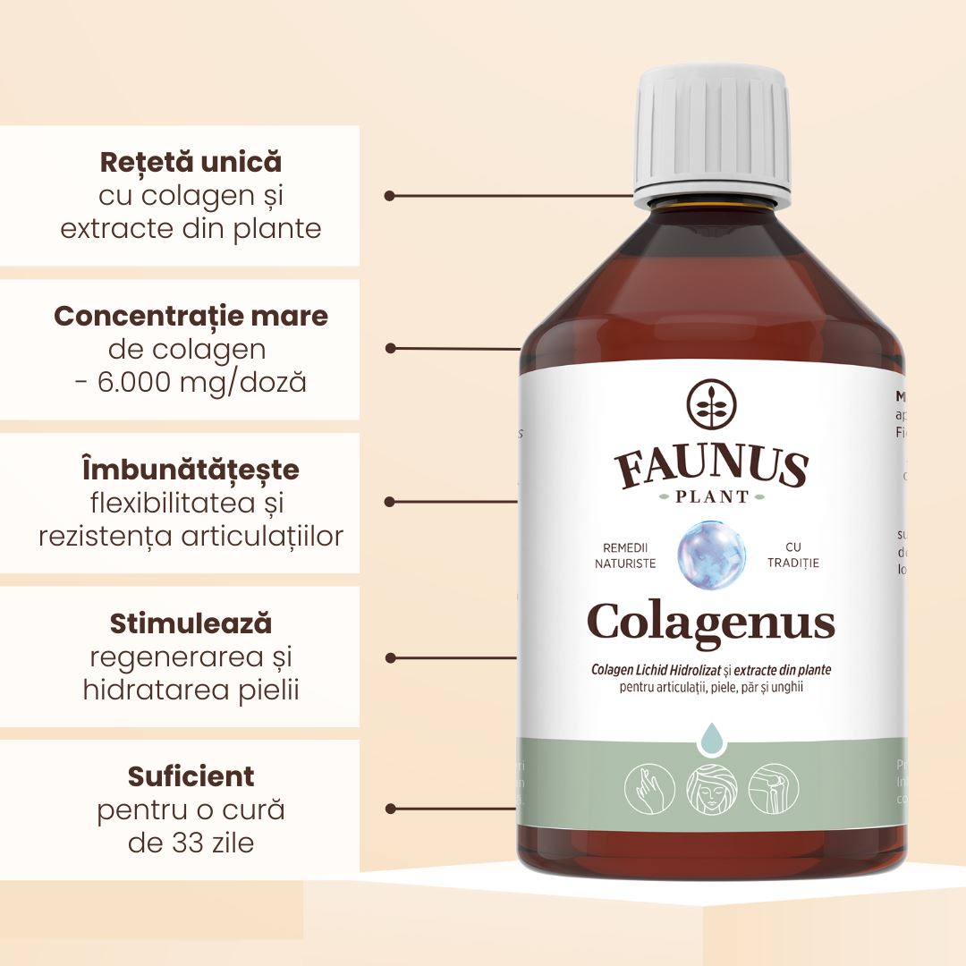 Beneficii explicate pentru Colagenus 500ml de la Faunus Plant, rețetă unică, efecte dovedite, concentrație mare.
