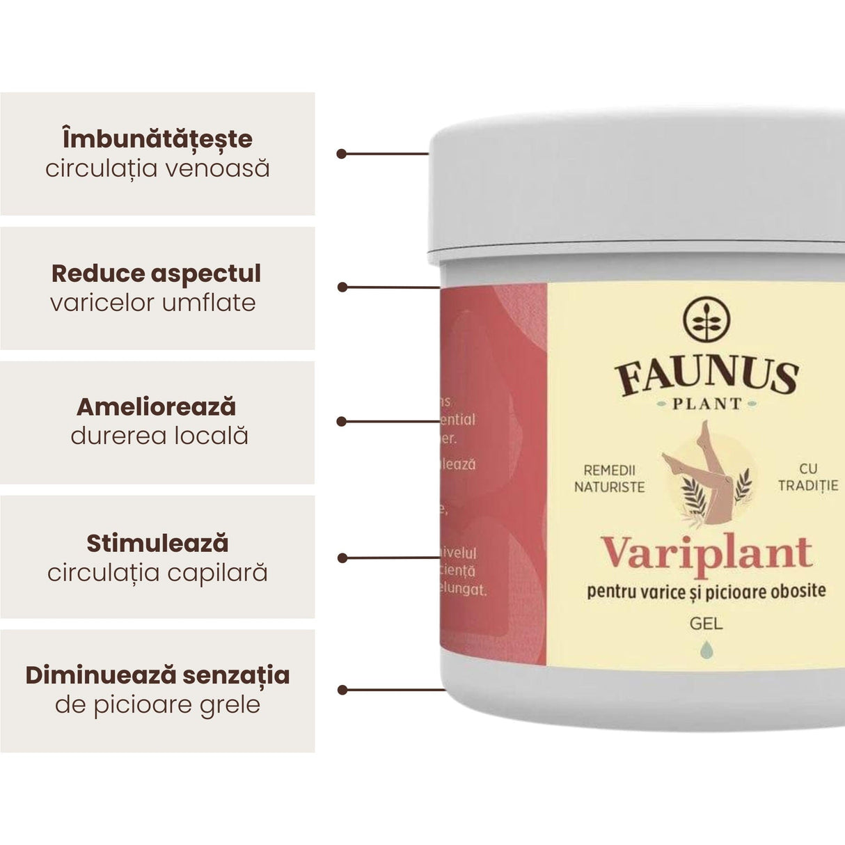 Beneficiile principale ale Gelului Variplant de la Faunus Plant: îmbunătățirea circulației venoase, reducerea aspectului venelor umflate, ameliorarea durerii stimularea circulației reducerea senzației de picioare grele, în chenare gri pe fundal alb, alături de flaconul gelului vizibil din față.