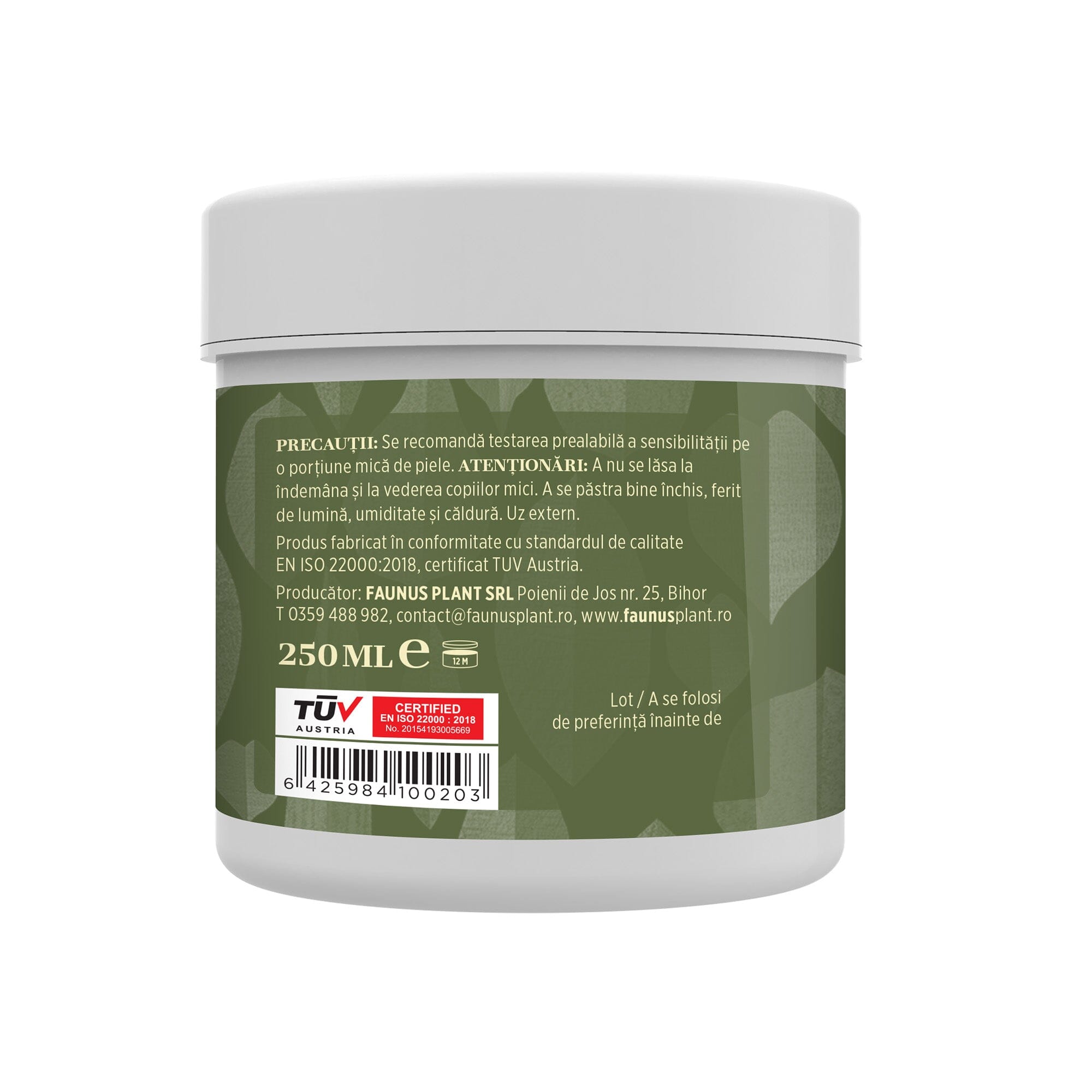 Cutia de Gel Reumaticus fotografiată din dreapta, cu eticheta care subliniază certificările de calitate ale produsului, alături de precauții, atenționări, detalii despre producători, cantitate 250 ml, cod de bare, logo TUV Austria și spațiu pentru data expirării.