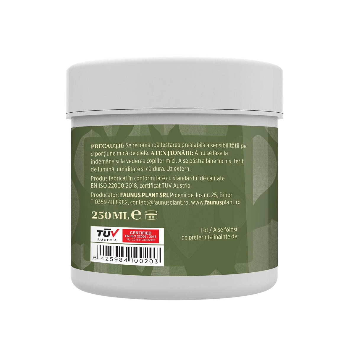 Cutia de Gel Reumaticus fotografiată din dreapta, cu eticheta care subliniază certificările de calitate ale produsului, alături de precauții, atenționări, detalii despre producători, cantitate 250 ml, cod de bare, logo TUV Austria și spațiu pentru data expirării.