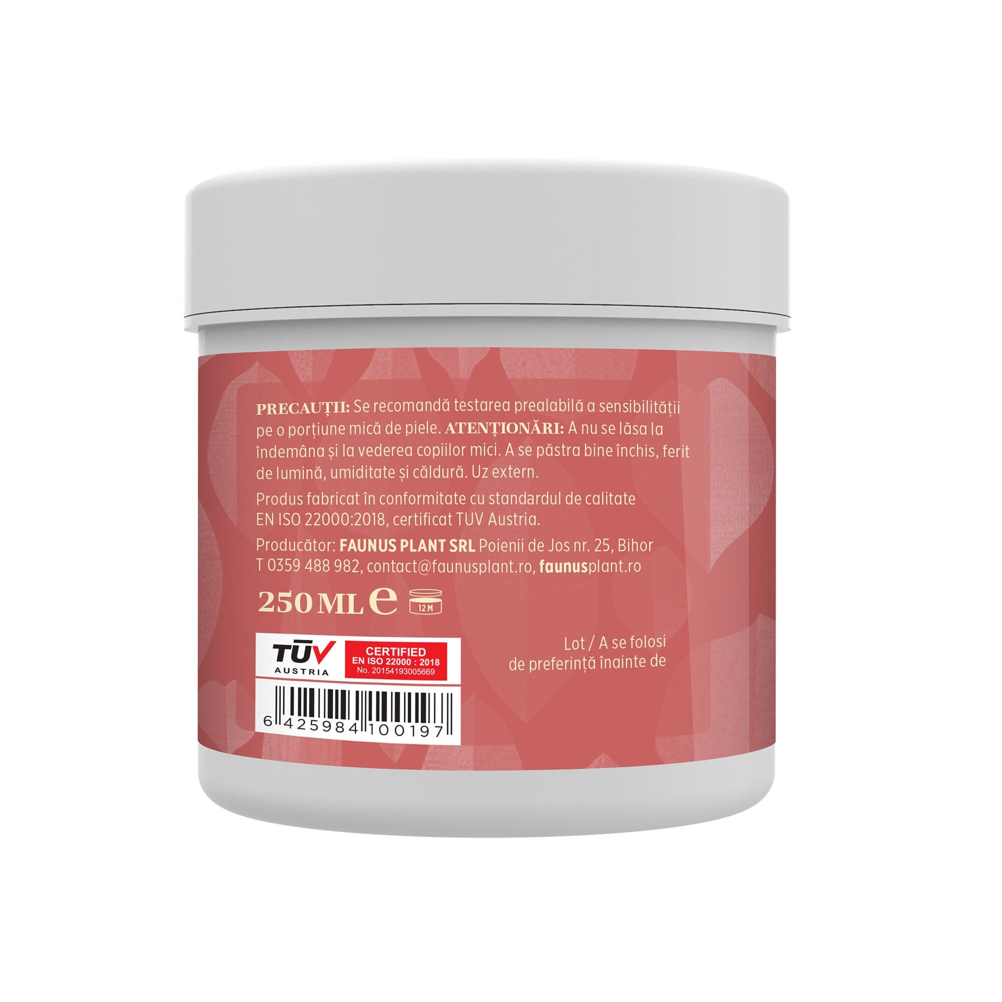 Partea dreaptă a cutiei gelului Variplant de la Faunus Plant, cu detalii privind precauțiile de utilizare, termenul de valabilitate și informațiile despre producător, având vizibil un cod de bare și logo-ul certificării TUV Austria.