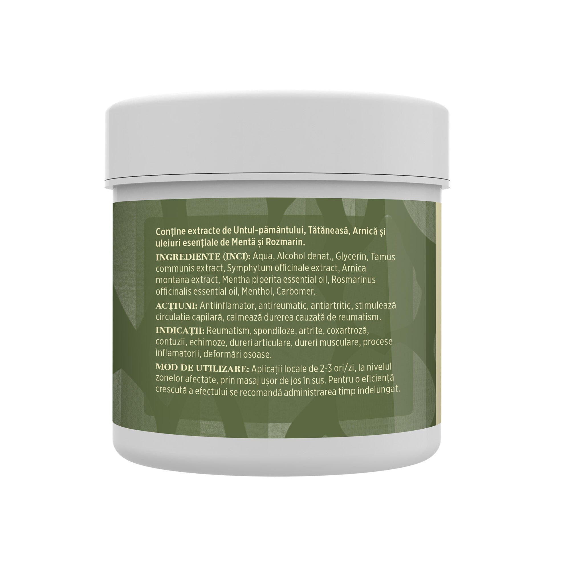 Partea din stânga a cutiei de Gel Reumaticus de la Faunus Plant cu etichetă vizibilă cu principalele ingrediente: Untul-pământului, Tătăneasa, Arnica și uleiuri esențiale de Mentă și Rozmarin, alături de acțiuni, indicații și mod de utilizare.
