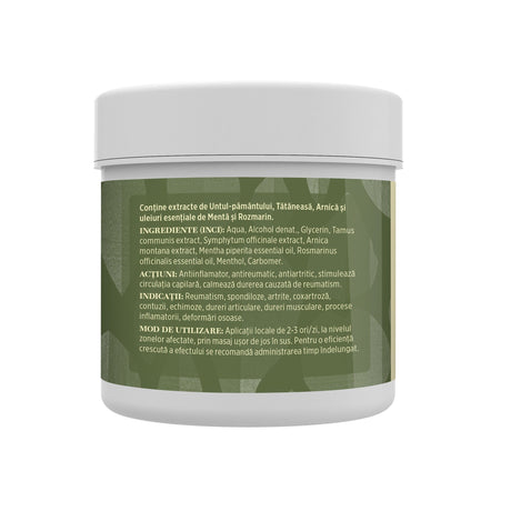 Partea din stânga a cutiei de Gel Reumaticus de la Faunus Plant cu etichetă vizibilă cu principalele ingrediente: Untul-pământului, Tătăneasa, Arnica și uleiuri esențiale de Mentă și Rozmarin, alături de acțiuni, indicații și mod de utilizare.