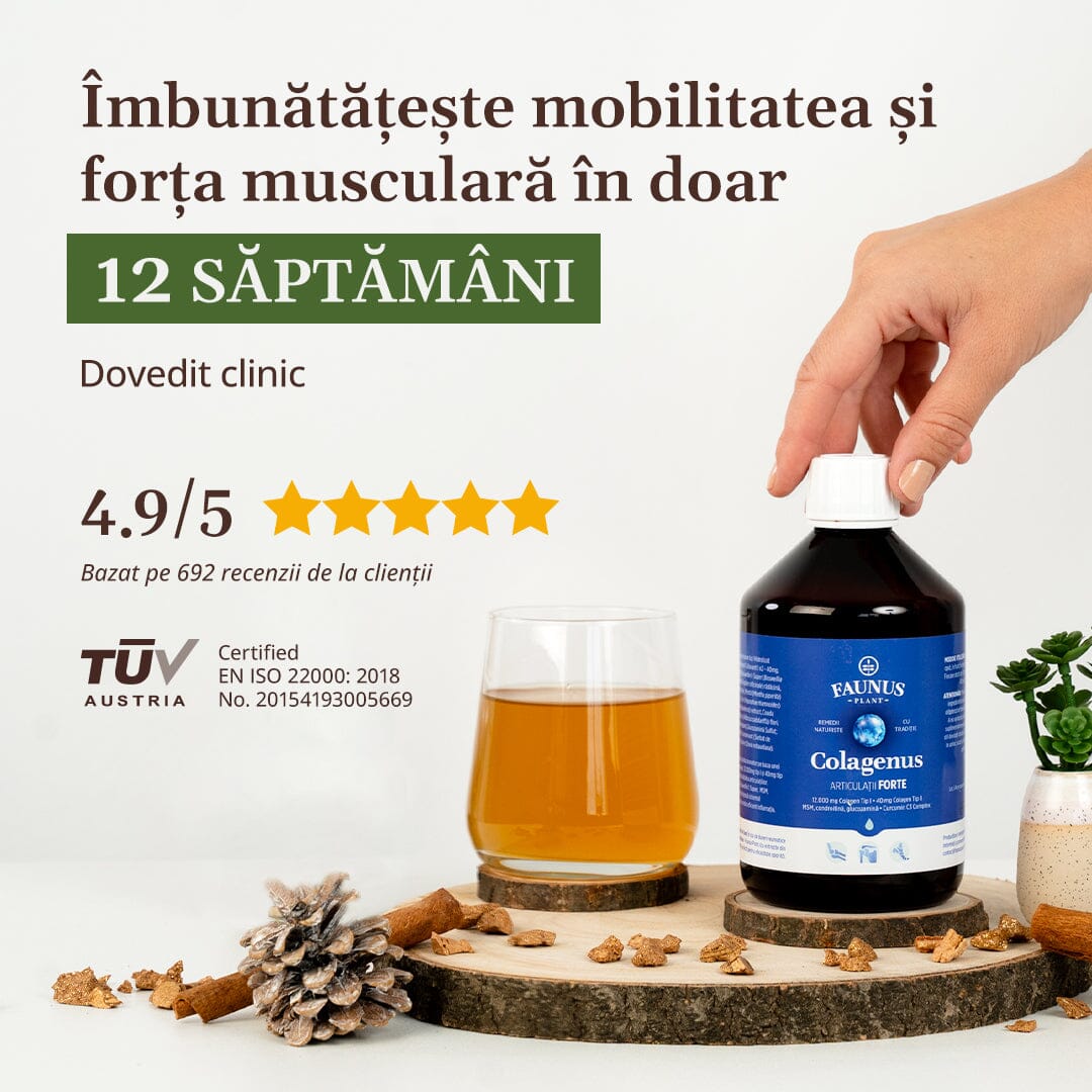 Flacon Colagenus Articulații Forte de la Faunus Plant ținut de capac de o mână, lângă un pahar cu lichid portocaliu pe suport rustic. Textul menționează că produsul îmbunătățește mobilitatea și forța musculară în doar 12 săptămâni, cu o notă de 4.9/5 pe baza a 692 recenzii, certificat TÜV Austria