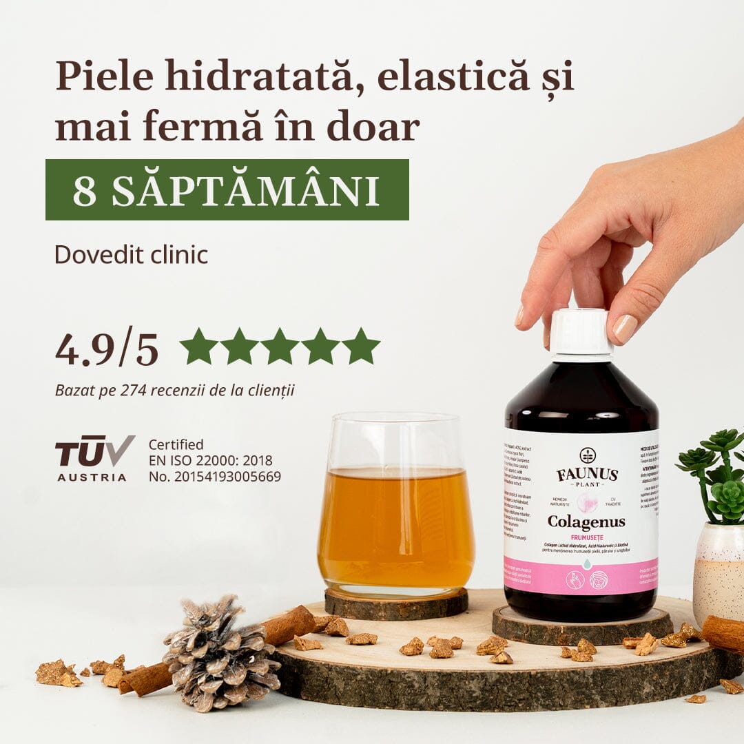 Sticlă Colagenus Frumusețe Faunus Plant ținută de o mână de femeie, lângă un pahar cu lichid, situat pe o tavă din lemn de brand cu scoarță. Text pe imagine: „Piele hidratată, elastică și mai fermă în doar 8 săptămâni. Dovedit clinic. 4.9/5 – bazat pe 274 recenzii. Certificare TÜV Austria.”