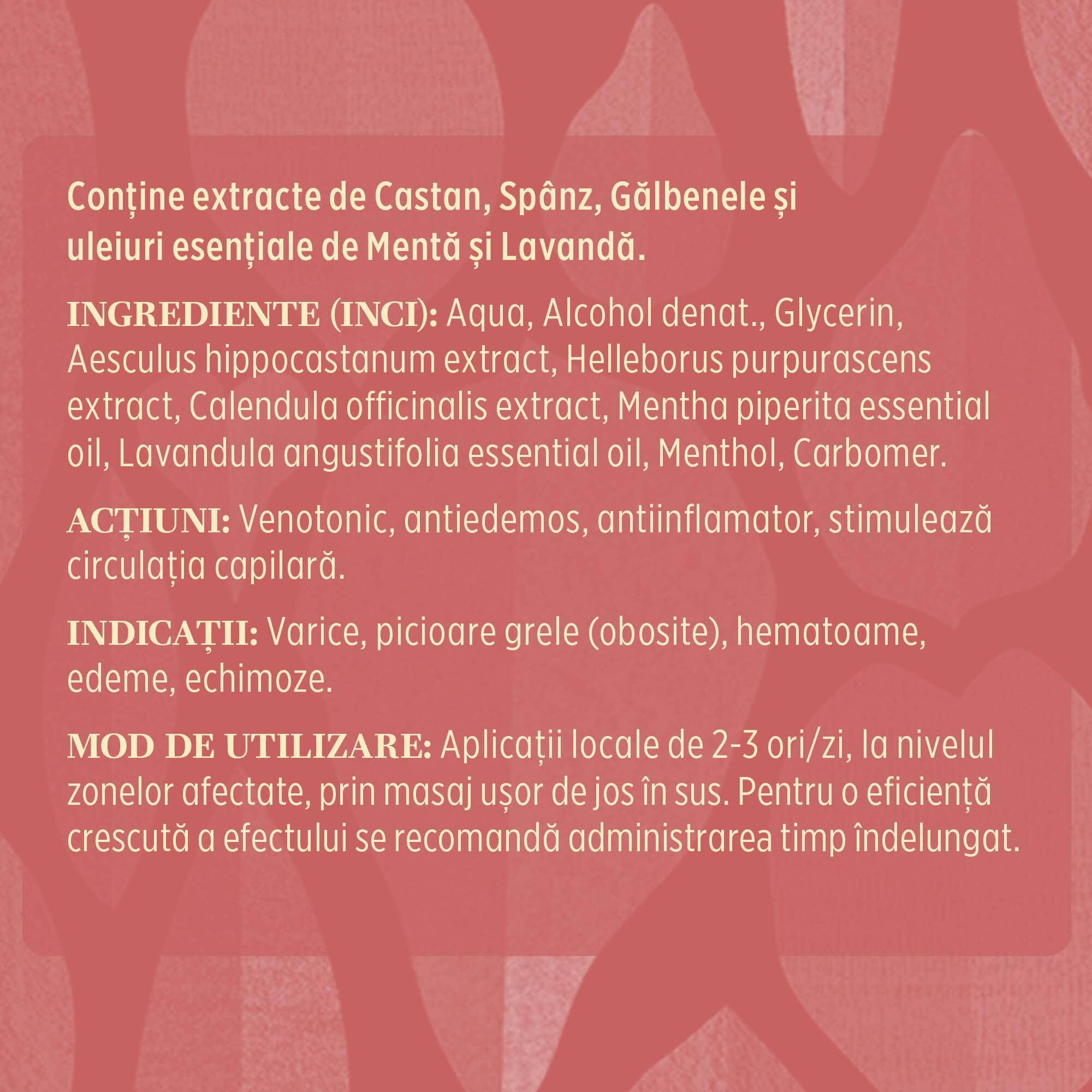 Eticheta desfășurată a gelului Variplant care detaliază modul de utilizare, ingredientele cu indicațiile și acțiunile lor benefice, incluzând extracte de castan, spânz, gălbenele, mentă, lavandă și menthol.