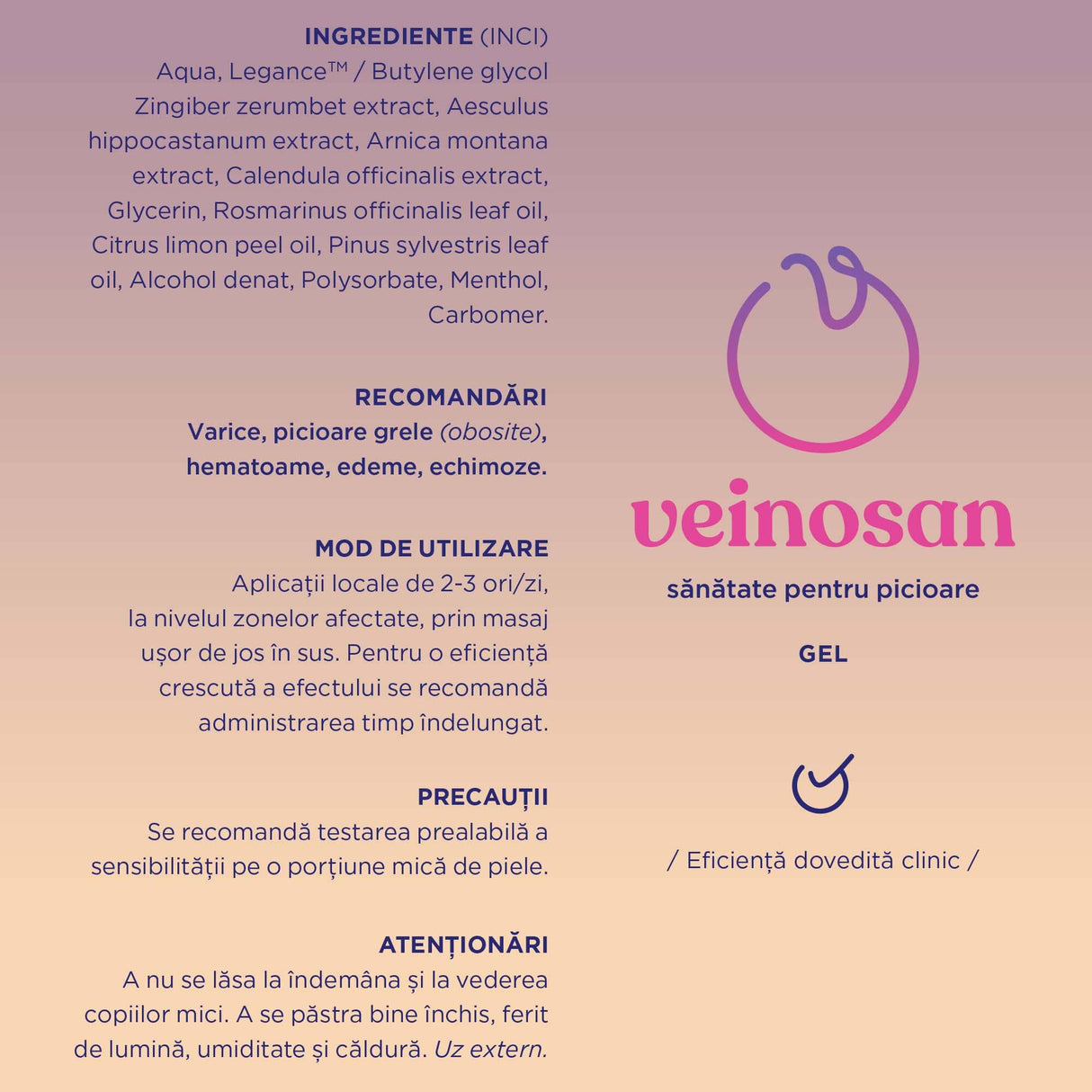 Eticheta desfășurată cu ingredientele Veinosan Gel 150ml, recomandări, instrucțiuni de utilizare, precauții și atenționări pentru utilizatori.