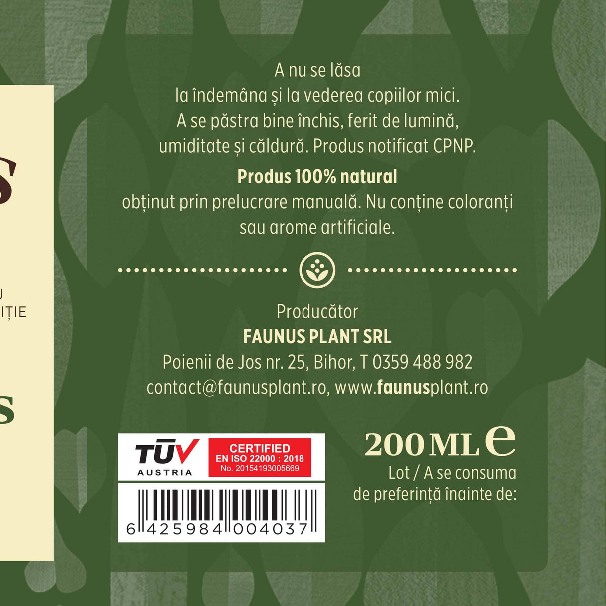 Eticheta lateral dreapta desfășurată pentru loțiunea Capilarus care afișează condiții de păstrare, faptul că produsul este natural și fabricat manual, detalii producător, cod de bare, cantitate și logo certificare TUV Austria.