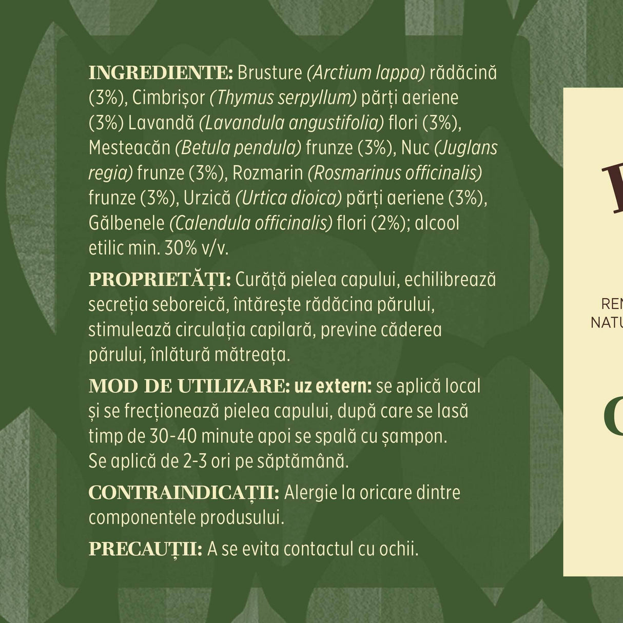 Eticheta desfășurată care conține lista ingredientelor din compoziția loțiunii Capilarus de la Faunus Plant, proprietăți, mod de utilizare, contraindicații și precauții.