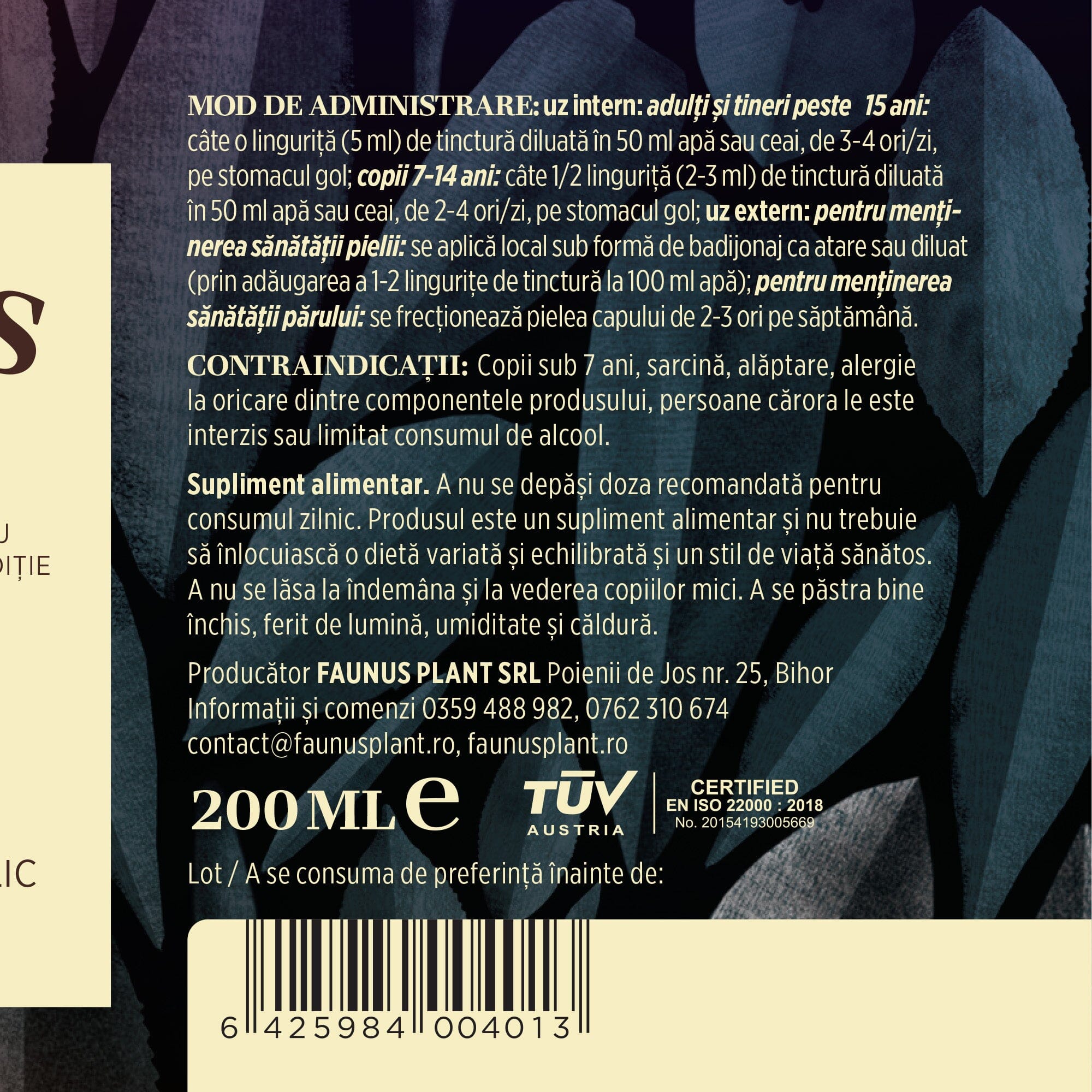 Bitter 30 plante - Flacon 200ml. Extract hidroalcoolic concentrat din plante medicinale cu efect tonic digestiv, tonifiant general si vitaminizant Tinctura Compusa Faunus Plant