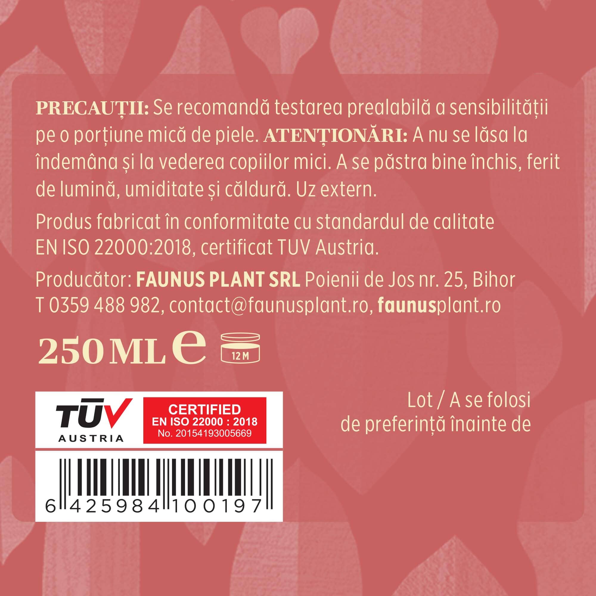 Eticheta laterală a gelului Variplant care avertizează utilizatorii asupra testării prealabile pe piele și condițiilor de păstrare, produs conform standardelor ISO, certificat TUV Austria, detalii de producător, logo certificare și cod de bare.
