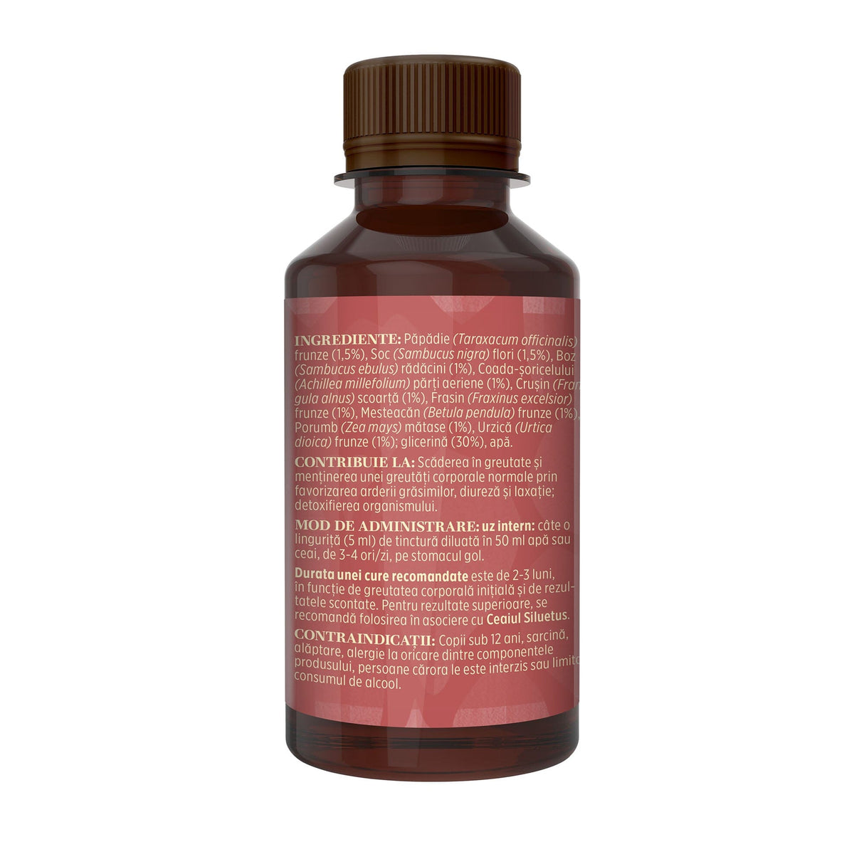 Flaconul tincturii Siluetus fără alcool  de 200 ml, fotografiat din lateral stânga, cu detalii despre ingrediente, proprietăți, mod de utilizare, contraindicații și precauții.