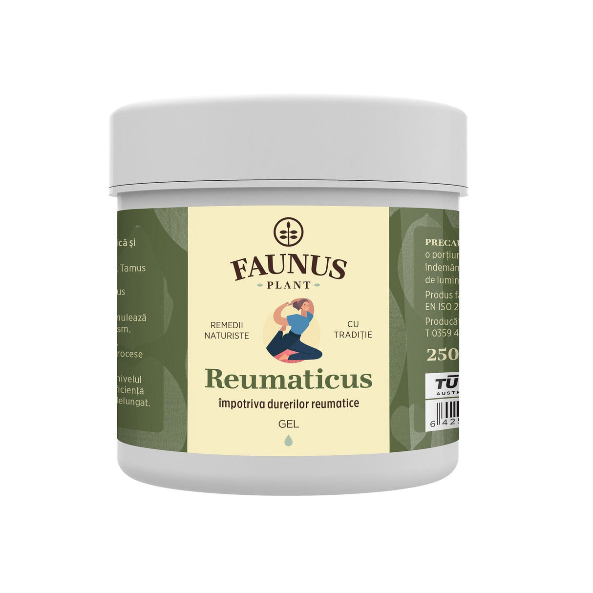 Gel Reumaticus de la Faunus Plant, vedere frontală a recipientului de 250 ml, cu logo vizibil, denumire produs și un desen reprezentativ.