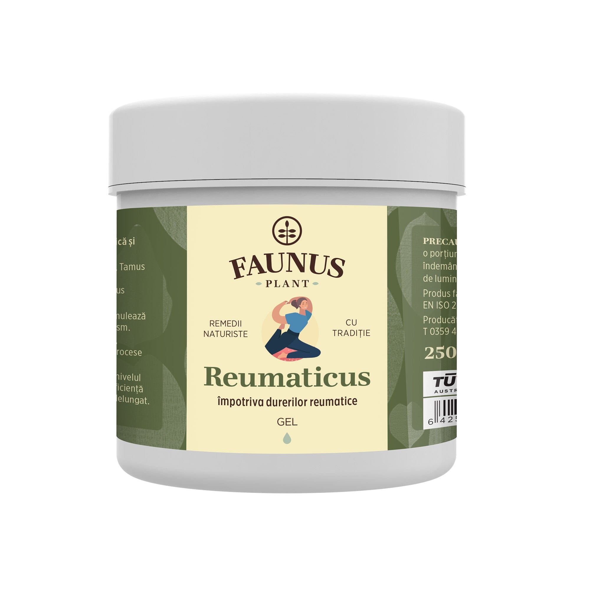 Gel Reumaticus de la Faunus Plant, vedere frontală a recipientului de 250 ml, cu logo vizibil, denumire produs și un desen reprezentativ.