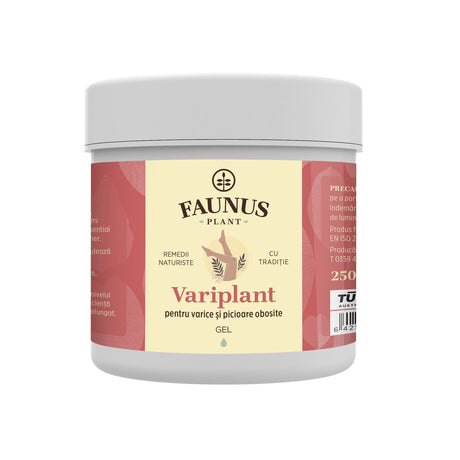 Recipientul de gel Variplant de la Faunus Plant, un produs pentru varice și picioare obosite, pe fundal alb, cu etichetă vizibilă având logo, element grafic desenat.