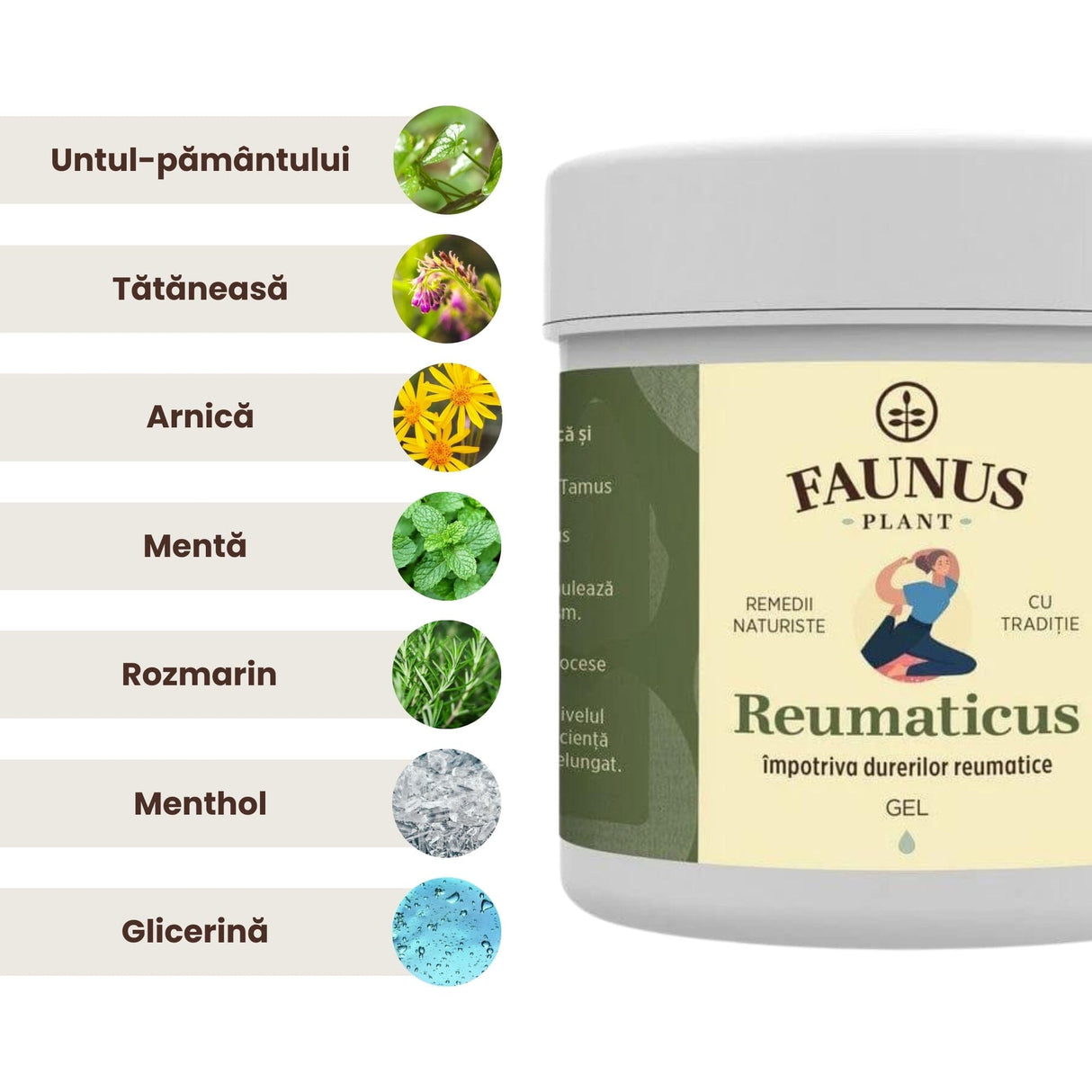Listă de ingrediente principale ale gelului Reumaticus de la Faunus Plant, cum ar fi Untul-pământului, Tătăneasă, Arnica, Mentă, Rozmarin, Menthol și Glicerină, fiecare pe un chenar gri alături de o poză medalion, iar în partea dreaptă se află cutia de gel.