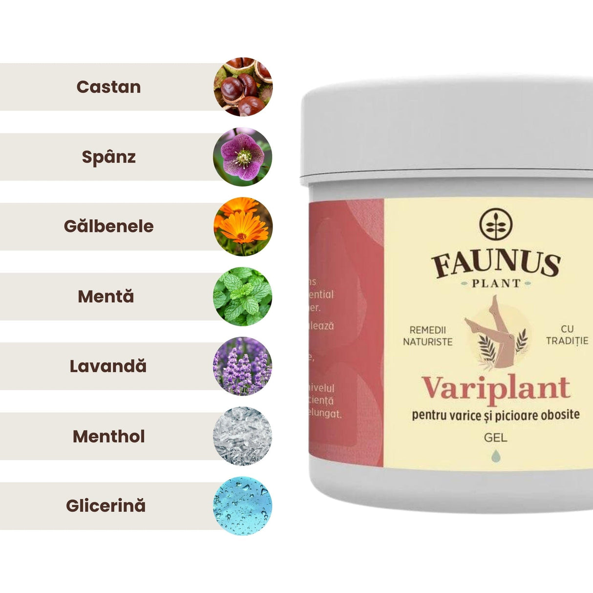 Lista de ingrediente active din gelul Variplant de la Faunus Plant, inclusiv extracte de castan, spânz, gălbenele, mentă, lavandă, menthol și glicerină, cu fiecare ingredient asociat imaginii plantei respective, alături de cutia de gel fotografiată din față.