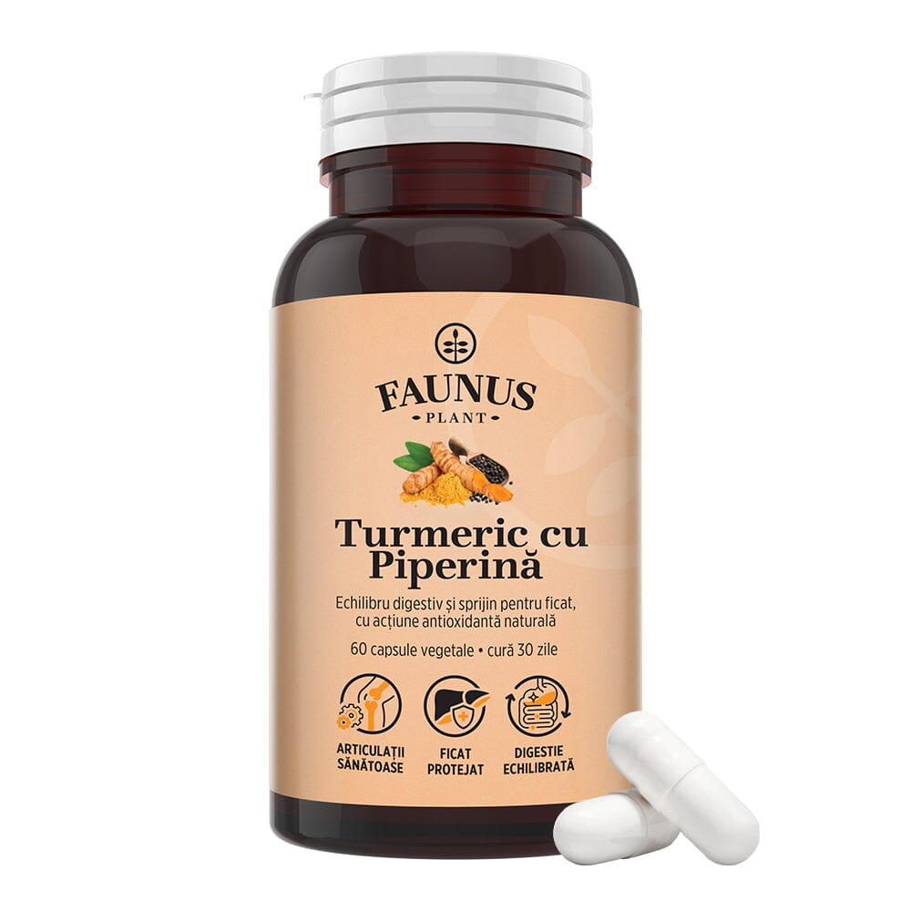 Turmeric cu Piperină – Antioxidant natural pentru articulații sănătoase, echilibru digestiv și susținerea ficatului. Flacon 60 capsule Supliment alimentar Faunus Plant