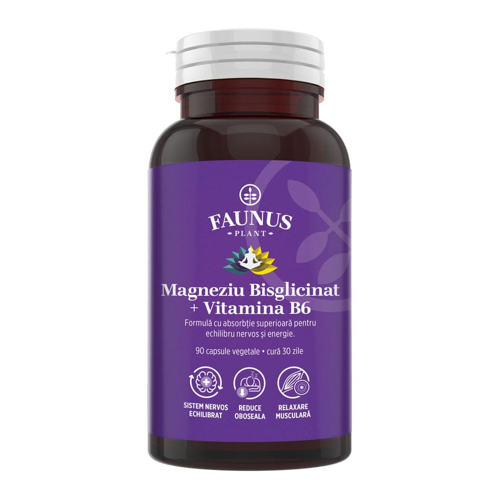 Magneziu Bisglicinat și Vitamina B6 – Formulă cu absorbție ridicată pentru echilibru nervos, energie și relaxare musculară. Flacon 90 capsule Supliment alimentar Faunus Plant