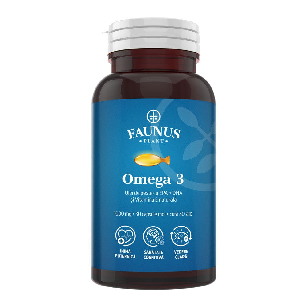 Omega 3 – Formulă concentrată în acizi grași îmbogățită cu vitamina E, susține funcția normală a inimii, a creierului și a vederii. Flacon 60 capsule Supliment alimentar Faunus Plant