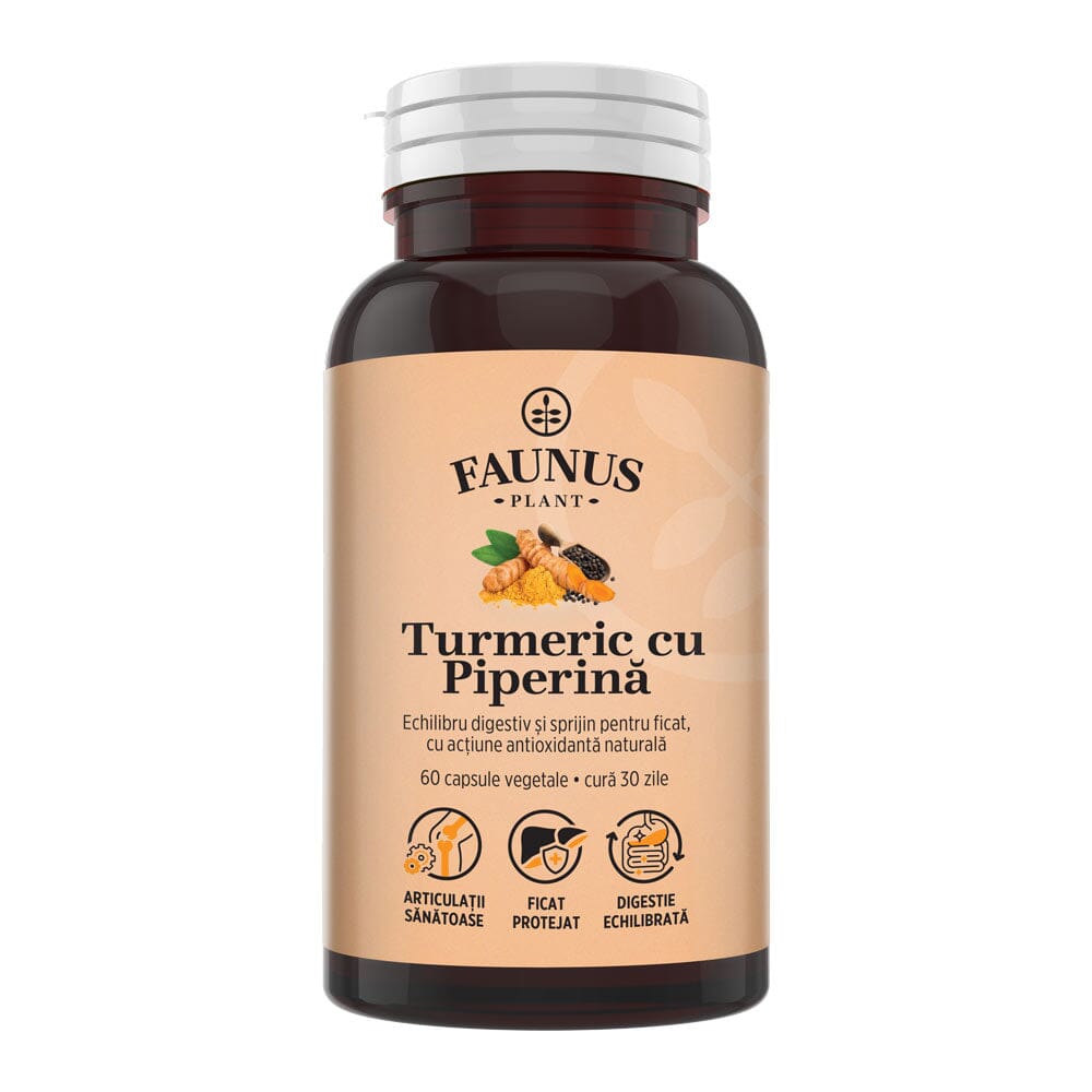 Turmeric cu Piperină – Antioxidant natural pentru articulații sănătoase, echilibru digestiv și susținerea ficatului. Flacon 60 capsule Supliment alimentar Faunus Plant