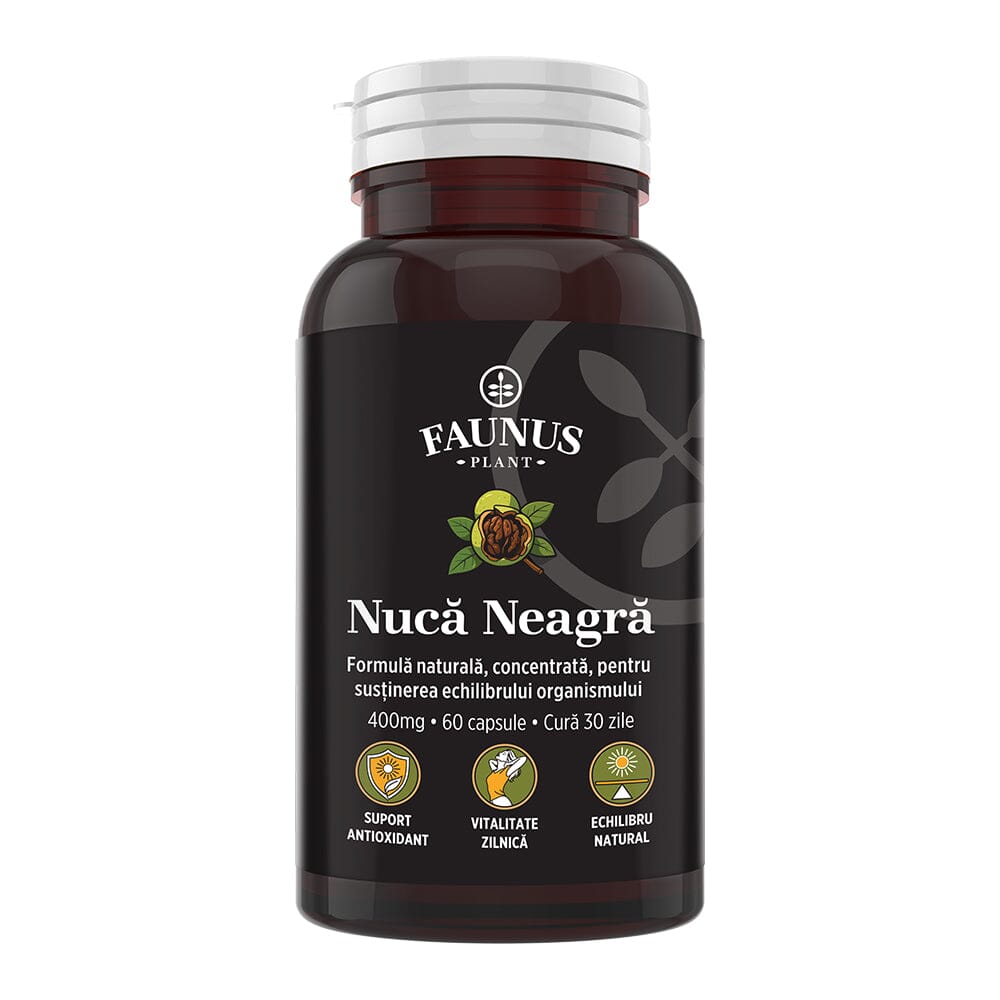 Flacon Nucă Neagră capsule de la Faunus Plant, fotografiat din față, pe fundal alb