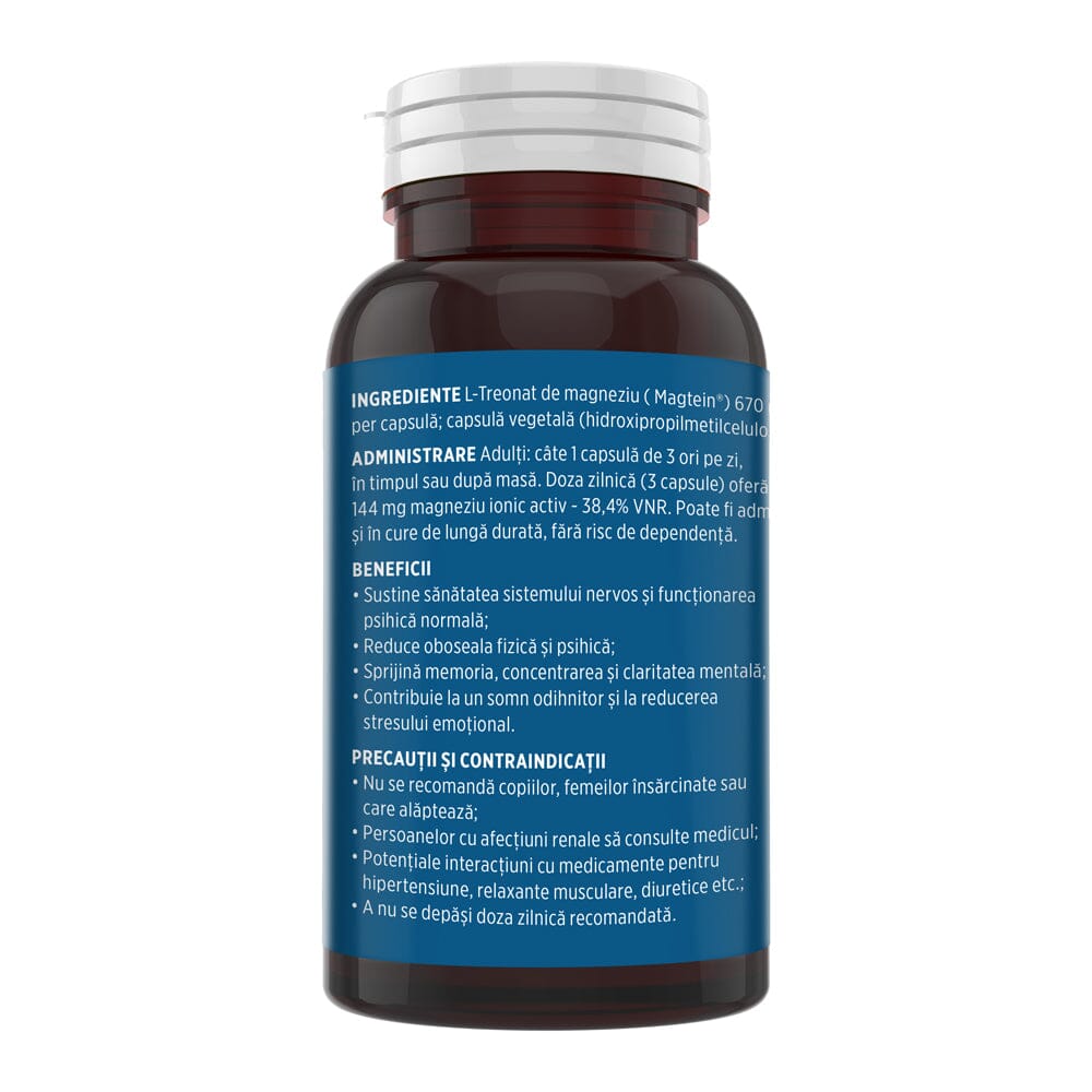 Flaconul de Magtein fotografiat din lateral stânga, cu detalii despre ingrediente, administrare, beneficii și contraindicații.