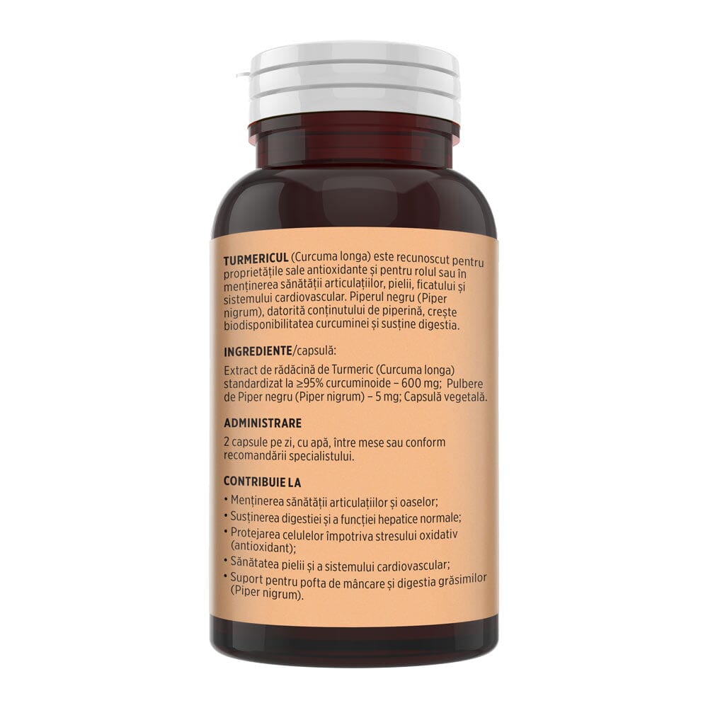 Turmeric cu Piperină – Antioxidant natural pentru articulații sănătoase, echilibru digestiv și susținerea ficatului. Flacon 60 capsule Supliment alimentar Faunus Plant