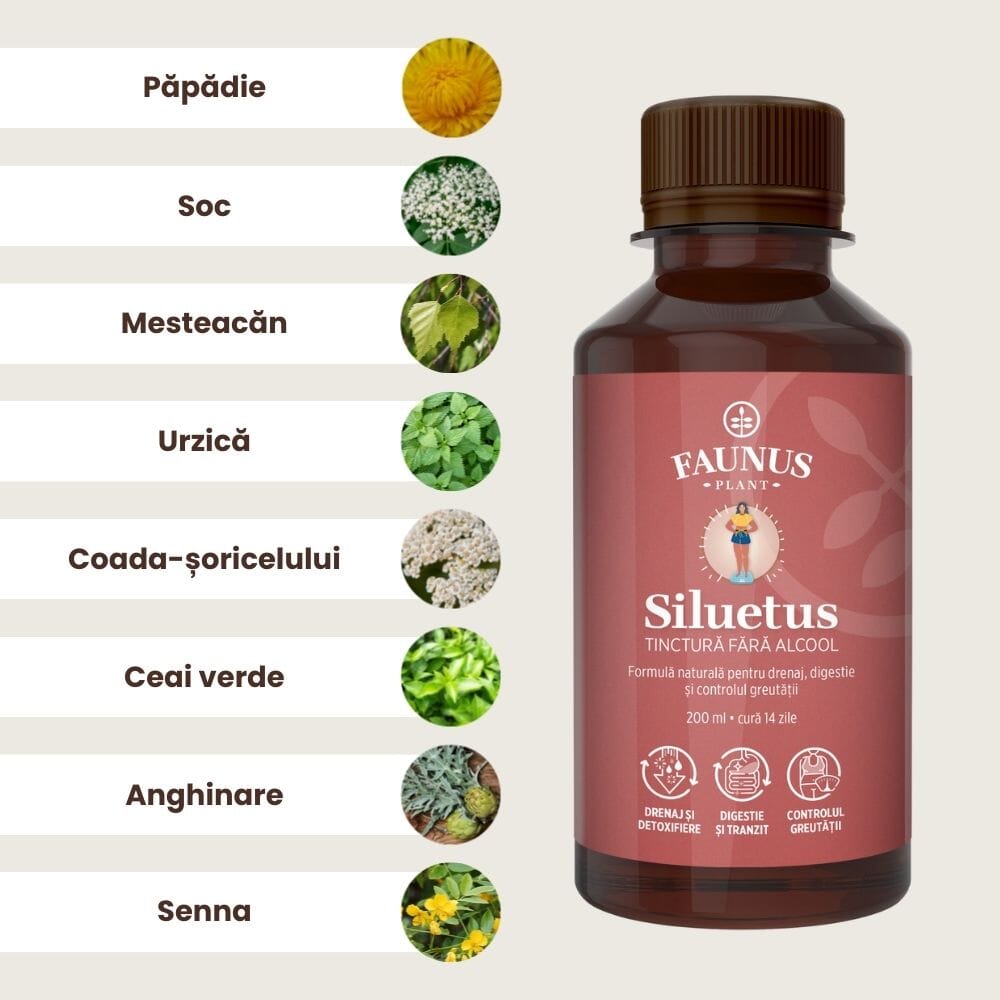 Siluetus - Tinctură fără alcool. Flacon 200ml. Formulǎ unică naturalǎ din 9 plante medicinale pentru reducerea greutății, arderea grăsimilor și detoxifiere Tinctura Compusa Faunus Plant