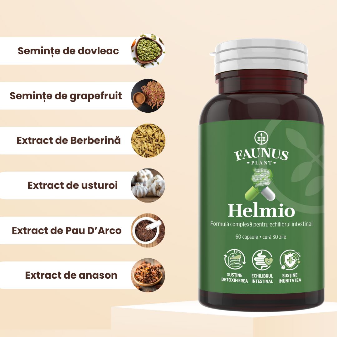 Helmio – Formulă naturală cu plante pentru detoxifiere și echilibru intestinal. Flacon 60 capsule Supliment alimentar Faunus Plant
