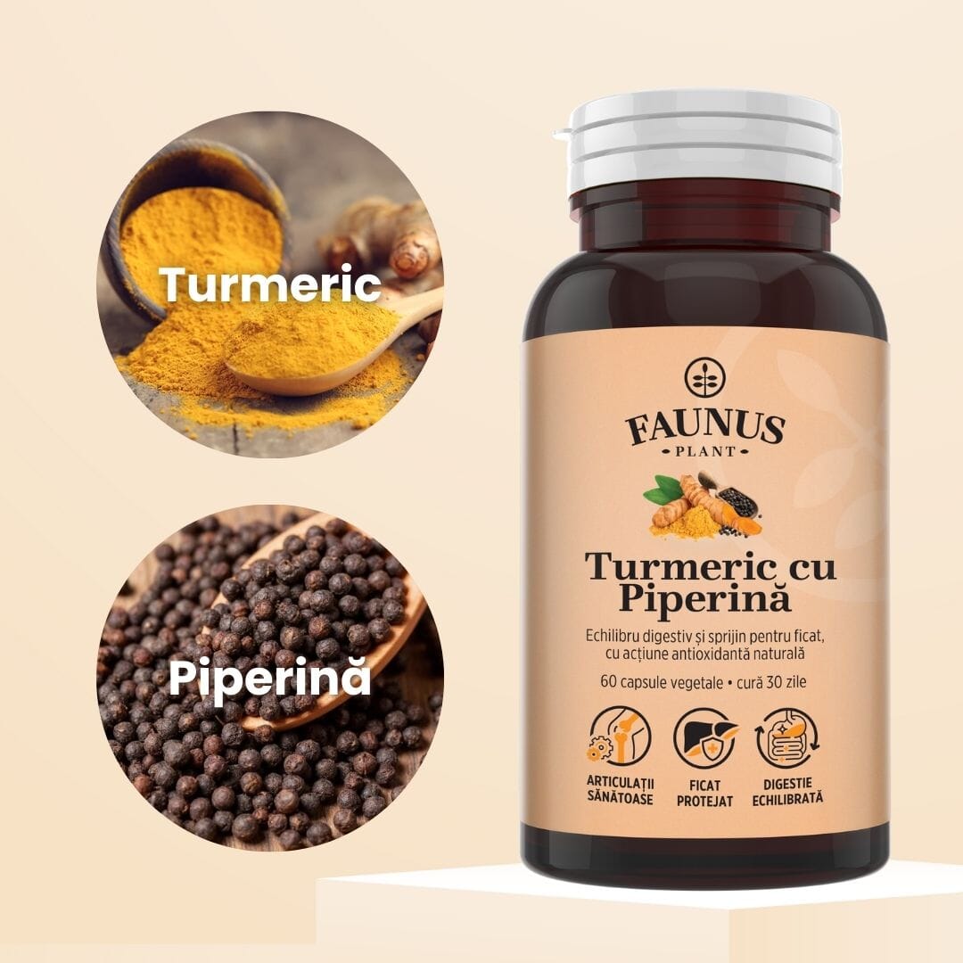 Turmeric cu Piperină – Antioxidant natural pentru articulații sănătoase, echilibru digestiv și susținerea ficatului. Flacon 60 capsule Supliment alimentar Faunus Plant