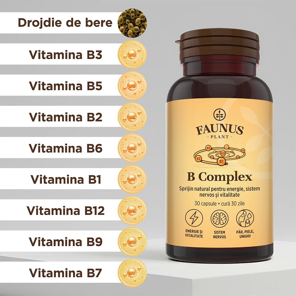 Vitamina B Complex – Capsule pentru metabolism energetic, sistem nervos și imunitate. Flacon 30 capsule Supliment alimentar Faunus Plant