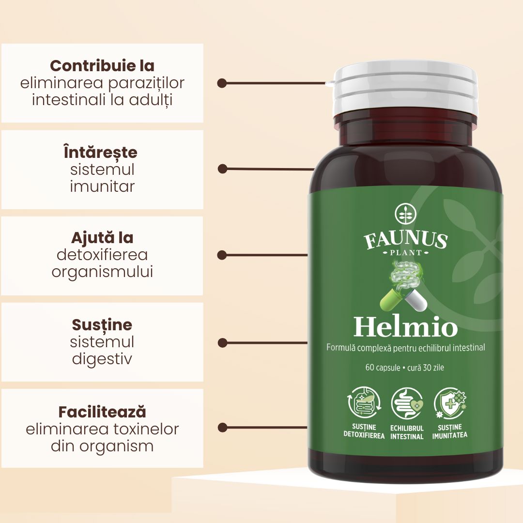 Helmio – Formulă naturală cu plante pentru detoxifiere și echilibru intestinal. Flacon 60 capsule Supliment alimentar Faunus Plant