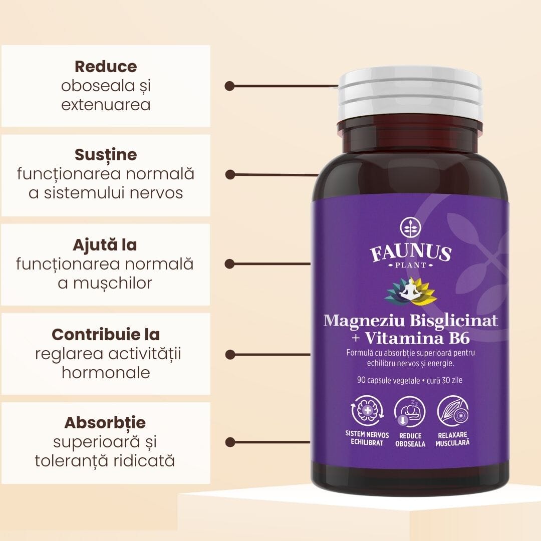 Magneziu Bisglicinat și Vitamina B6 – Formulă cu absorbție ridicată pentru echilibru nervos, energie și relaxare musculară. Flacon 90 capsule Supliment alimentar Faunus Plant