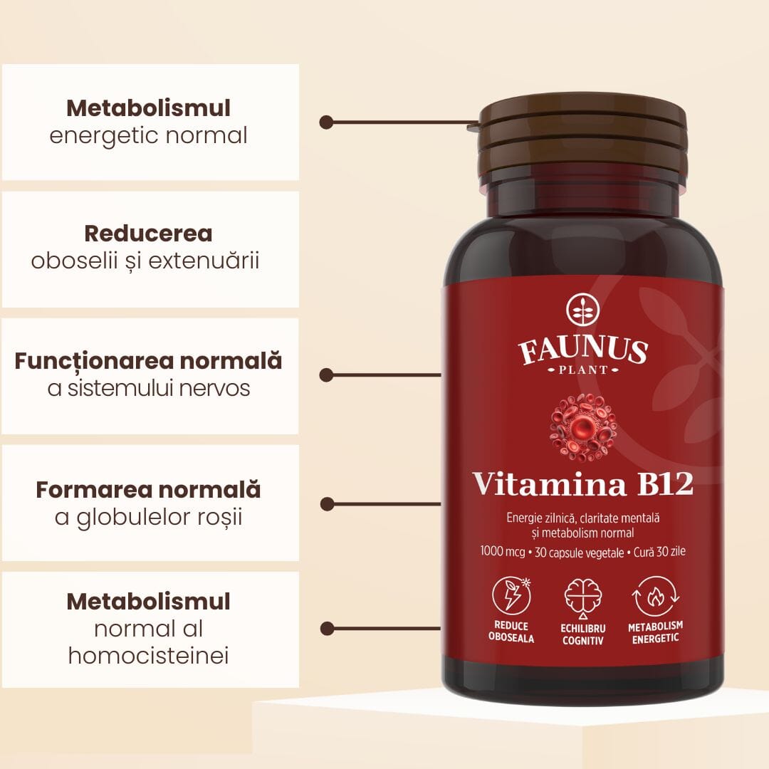 Vitamina B12 1000 mcg – Capsule pentru metabolismul energetic normal, funcționarea sistemului nervos, reducerea oboselii. Flacon 30 capsule Supliment alimentar Faunus Plant