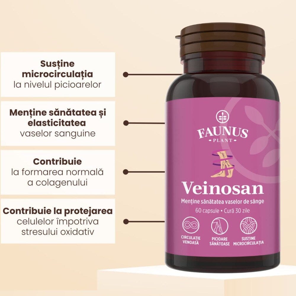 Veinosan – Capsule pentru susținerea circulației venoase și reducerea senzației de picioare grele. Flacon 60 capsule Supliment alimentar Faunus Plant