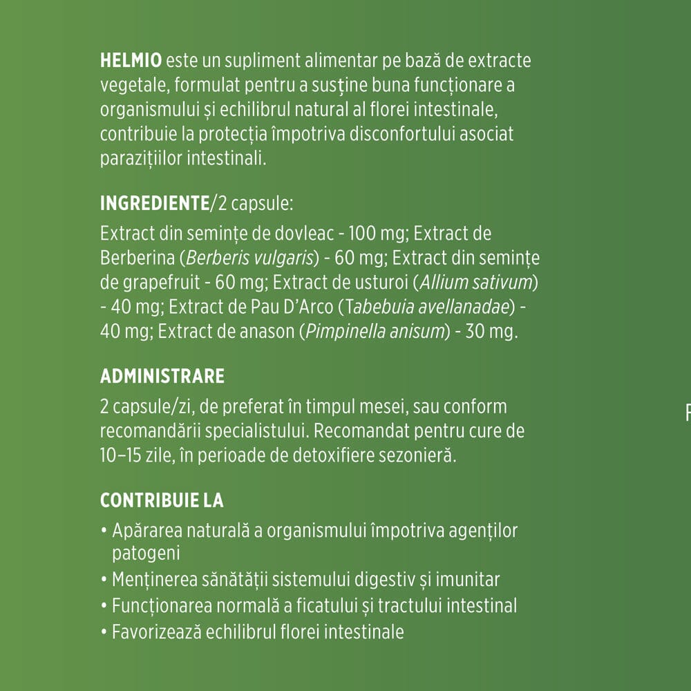 Helmio – Formulă naturală cu plante pentru detoxifiere și echilibru intestinal. Flacon 60 capsule Supliment alimentar Faunus Plant