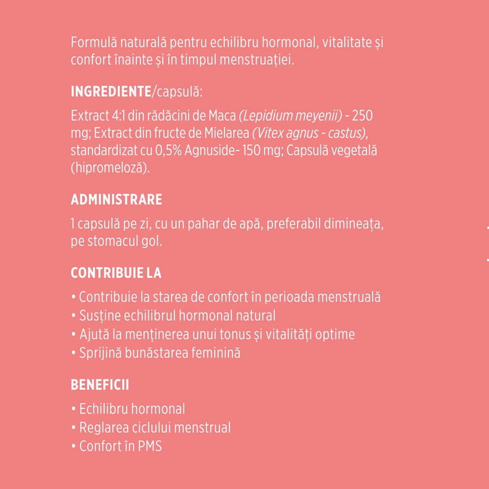 Etichetă desfășurată stânga pentru capsule Menstrana de la Faunus Plant, cu ingrediente, administrare și beneficii.