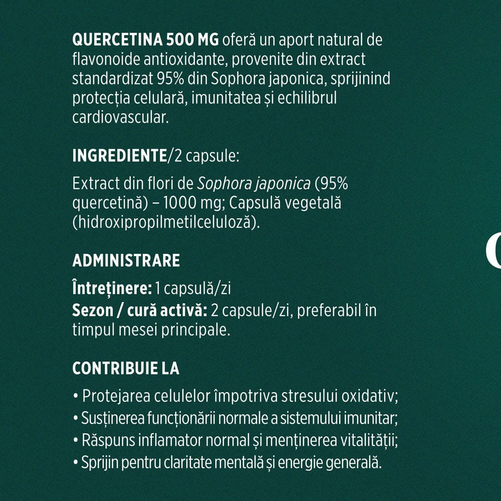 Quercetină 500mg – Antioxidant natural pentru susținerea imunității, echilibru inflamator și confort respirator sezonier. Flacon 60 capsule Supliment alimentar Faunus Plant