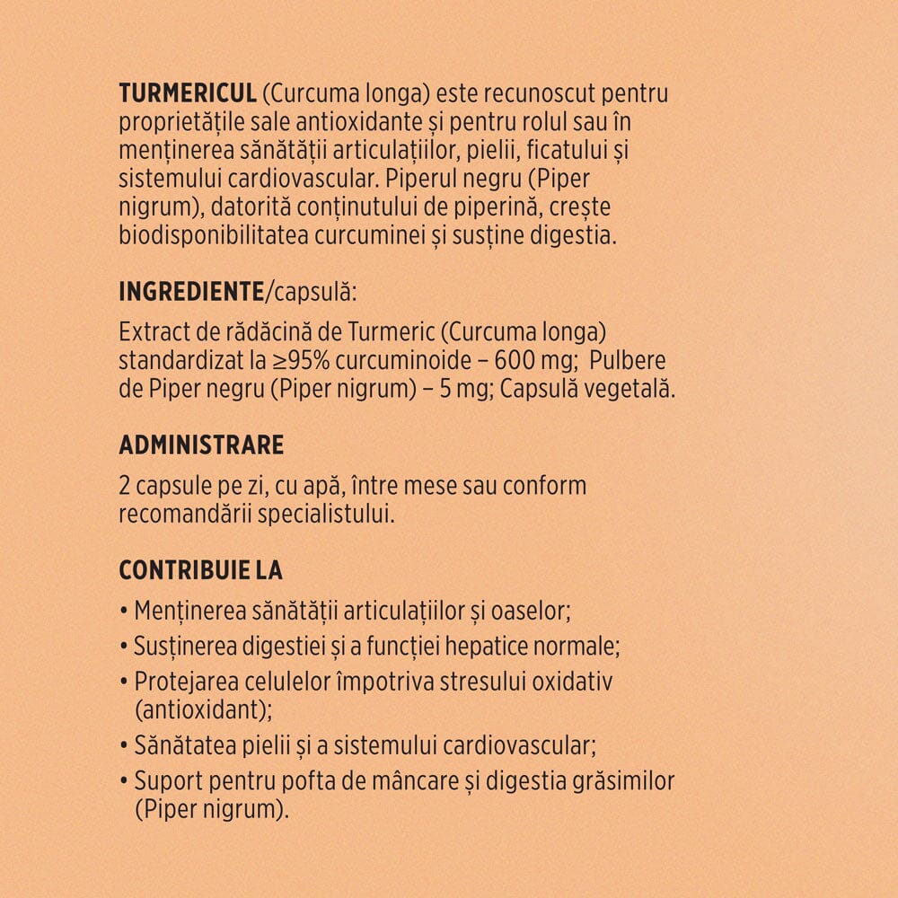 Turmeric cu Piperină – Antioxidant natural pentru articulații sănătoase, echilibru digestiv și susținerea ficatului. Flacon 60 capsule Supliment alimentar Faunus Plant