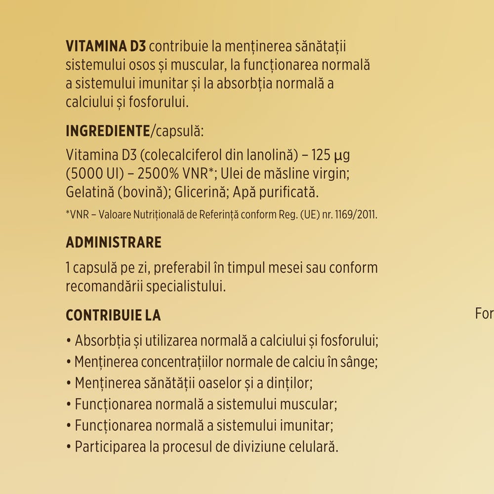 Vitamina D3 5000 UI – Concentrație mare de vitamina D3 pentru imunitate, absorbția calciului și fosforului în oase și mușchi. Flacon 30 capsule Supliment alimentar Faunus Plant