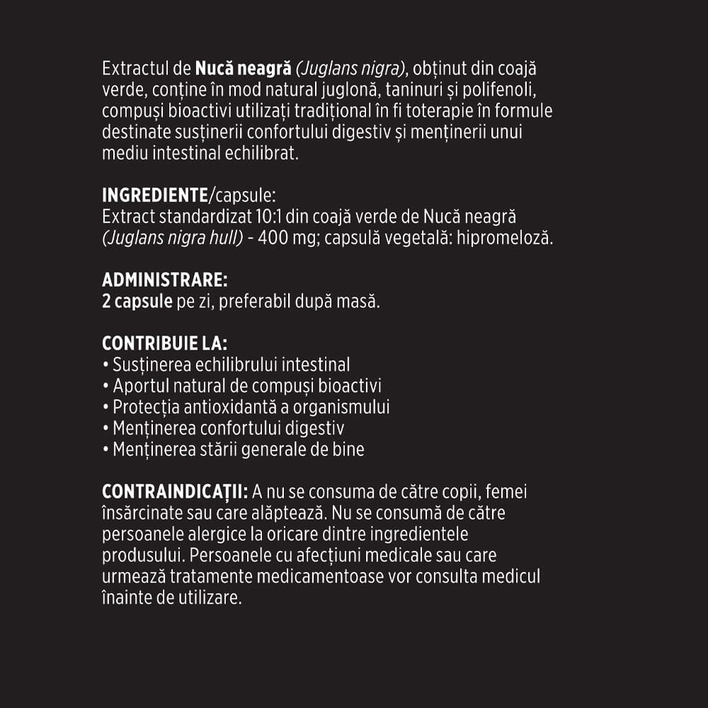 Etichetă desfășurată stânga pentru capsule Nucă Neagră de la Faunus Plant, cu detalii despre produs, listă ingrediente, mod de administrare, beneficii și contraindicații.