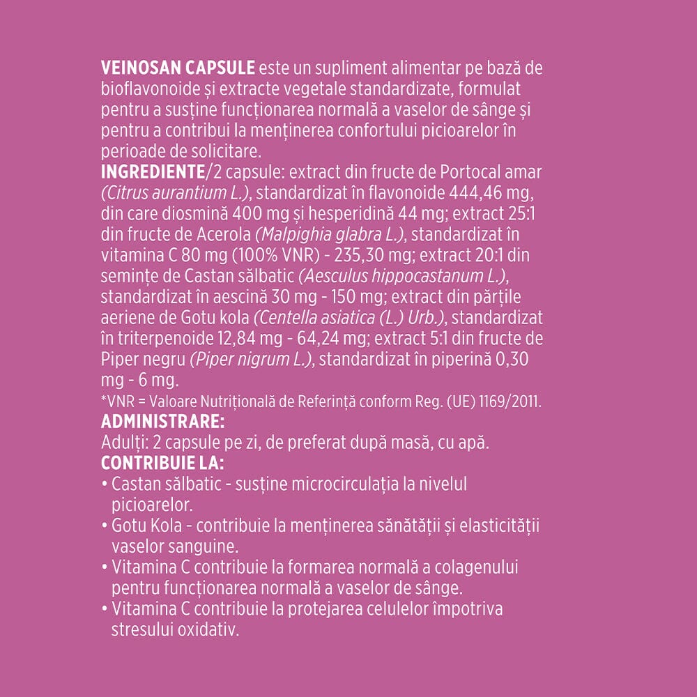 Etichetă desfășurată stânga pentru capsule Veinosan de la Faunus Plant, cu detalii despre produs, listă ingrediente, mod de administrare și beneficii.