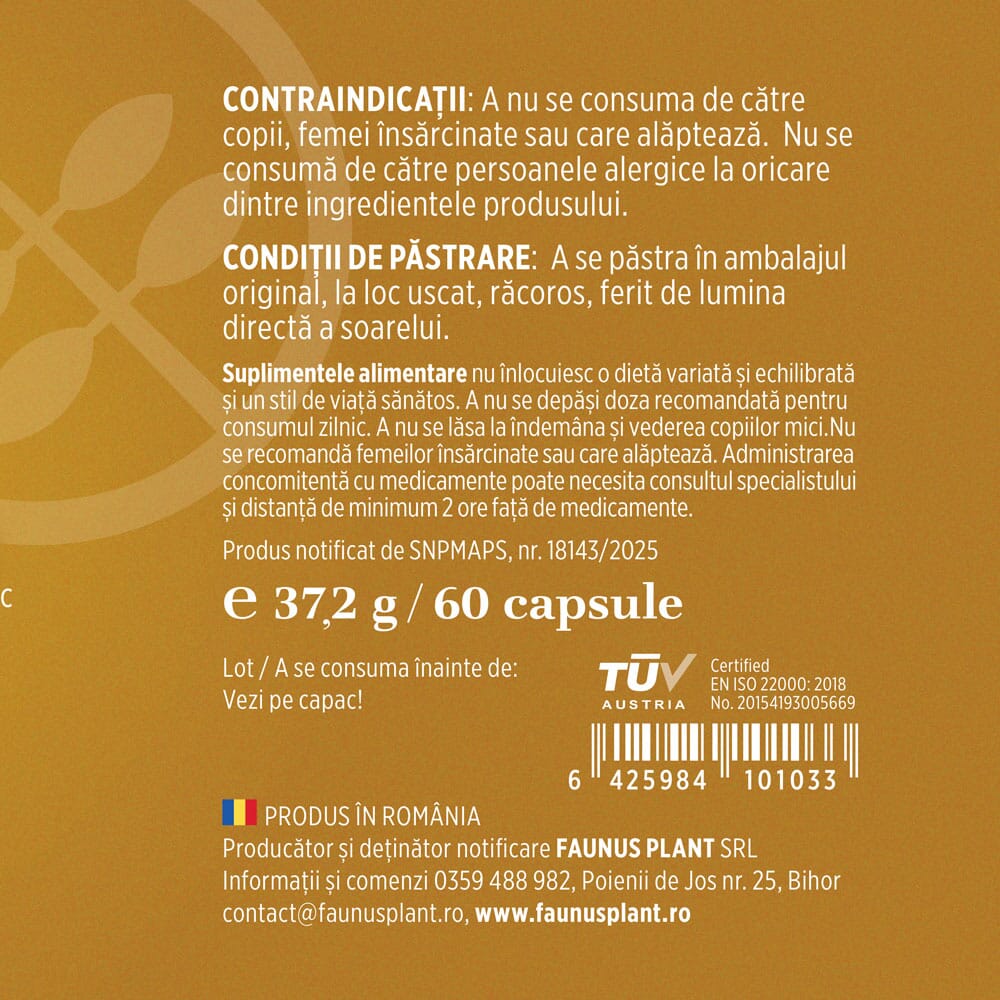 Etichetă desfășurată capsule Berberină de la Faunus Plant, cu precauții, contraindicații, cantitate și detalii despre producător, cod de bare și logo TUV Austria.
