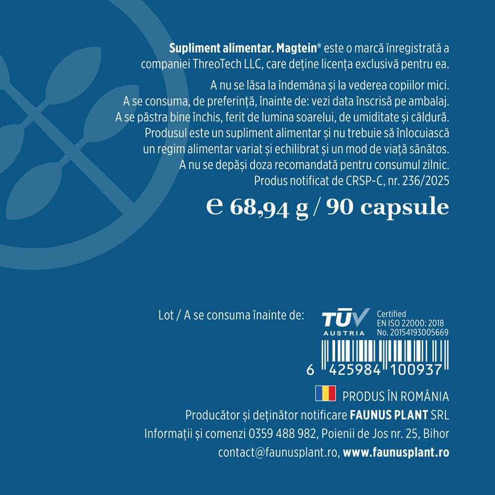 Magneziu L-Treonat Magtein® – Formulă complexă de magneziu antistres și oboseală. Flacon 90 capsule Supliment alimentar Faunus Plant