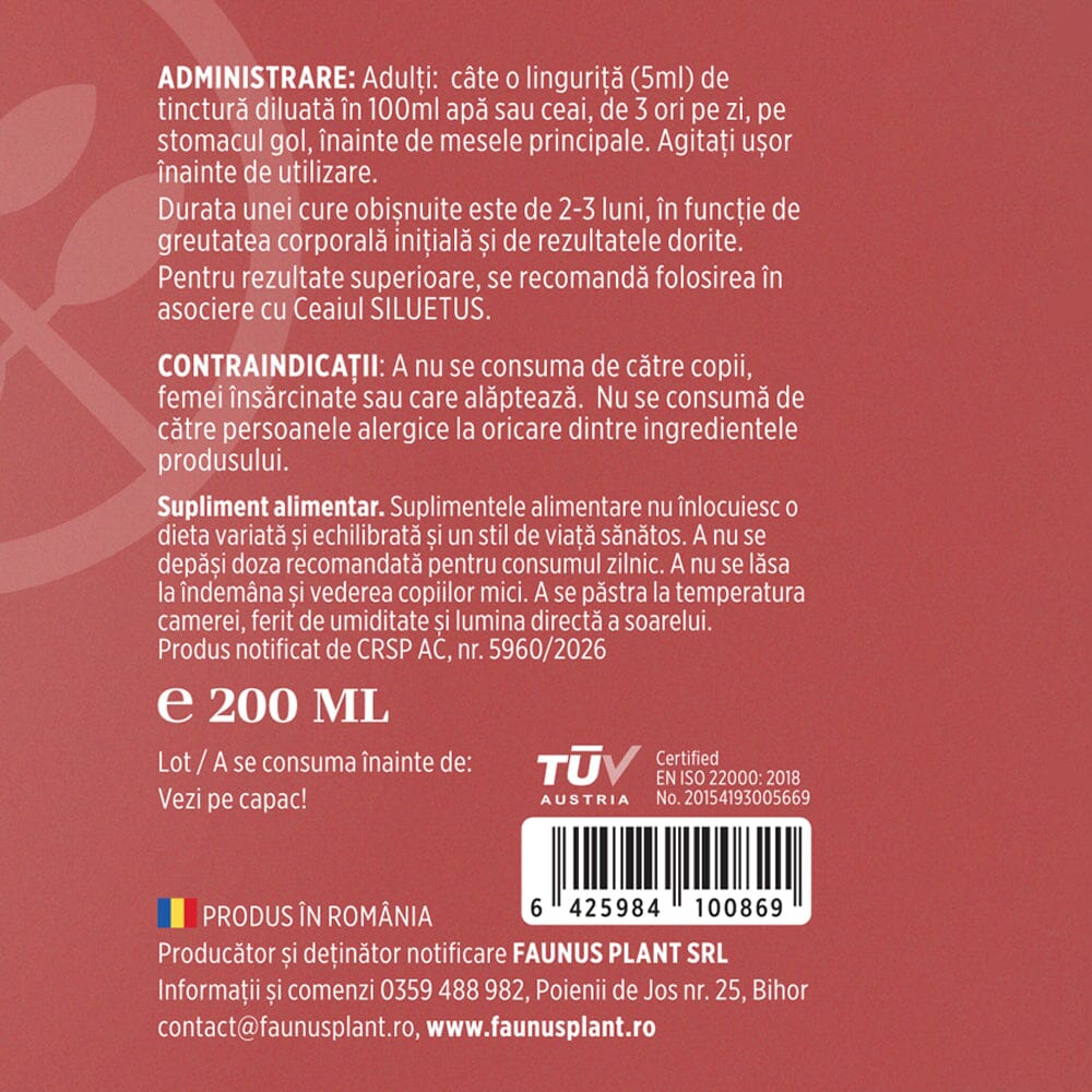 Siluetus - Tinctură fără alcool. Flacon 200ml. Formulǎ unică naturalǎ din 9 plante medicinale pentru reducerea greutății, arderea grăsimilor și detoxifiere Tinctura Compusa Faunus Plant
