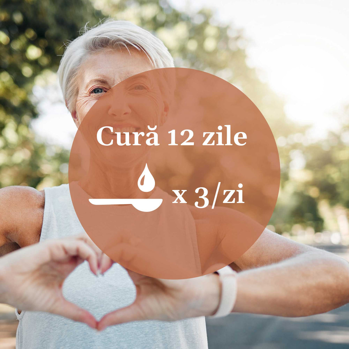 Imagine de fundal cu o doamnă de vârsta a doua, având un element grafic circular de culoare maro deschis cu un text în mijloc sugerând aplicarea unei cure de 12 zile prin administrarea prin uz intern de 3 ori pe zi.