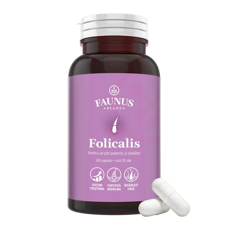 Folicalis – Formulă naturală pentru păr sănătos, puternic și strălucitor cu plante, vitamine și colagen. Flacon 60 capsule Supliment alimentar Faunus Plant