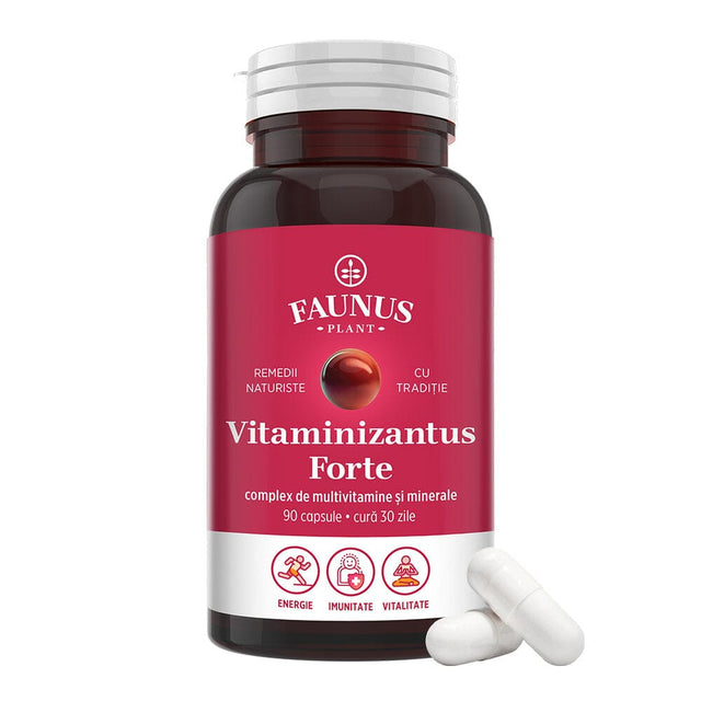 Flacon Vitaminizantus Forte Capsule de la Faunus Plant cu două capsule de culoare albă alături, în partea dreaptă